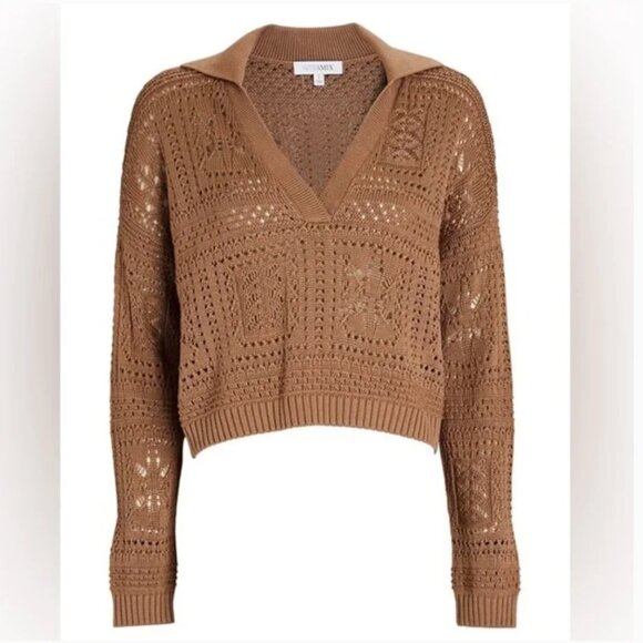 INTERMIX Suki Pointelle Knit Polo Sweater in Tan S - Picture 11 of 11
